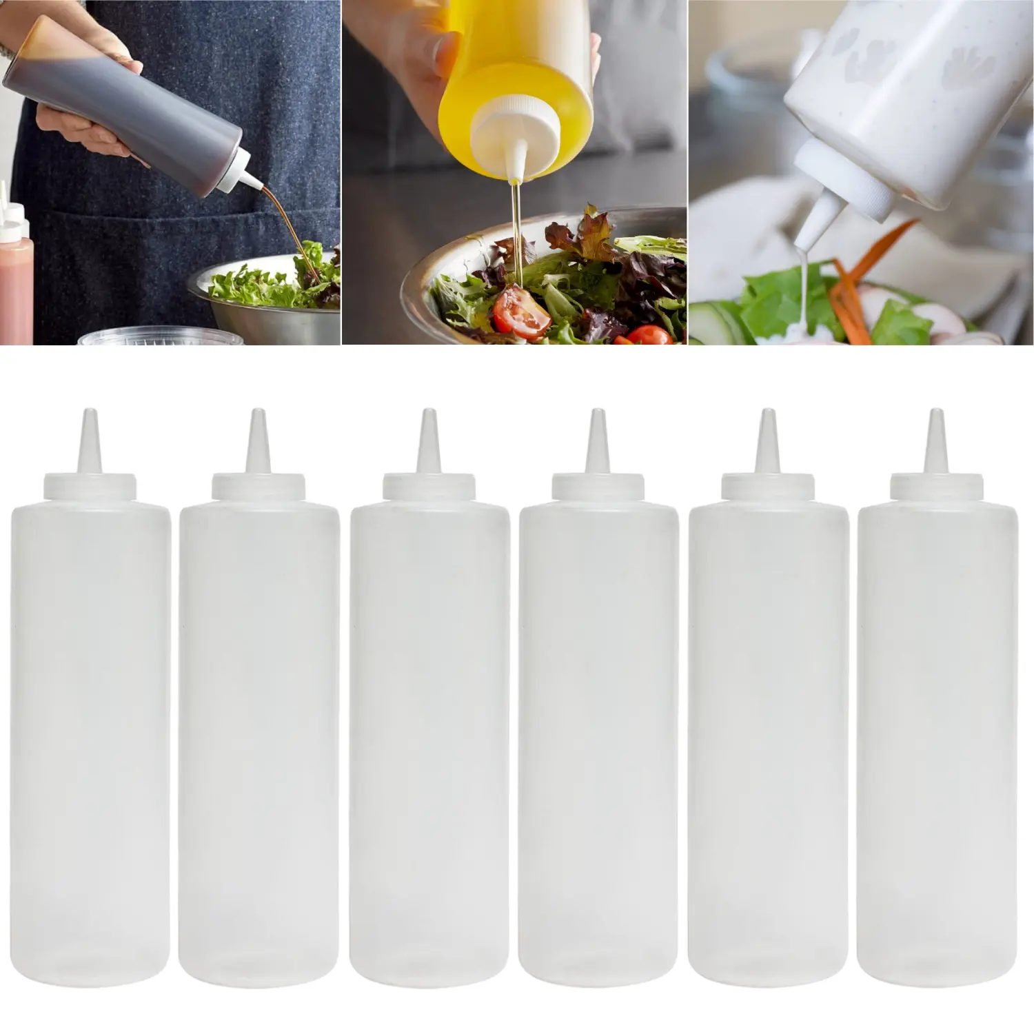6-Pack 24 oz Wide-Mouth Polyethylene Plastic Squeeze Bottles - Kitchenware Seasoning Cooking Dispensers, Front-of-House Kitchen Utensils Gadgets for Sauces, Ketchup, Olive Oil
