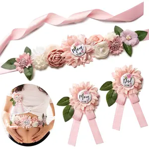 Shower Maternity Sash Belly Belt-Pink Flower Sash Set Mom to Be & Dad to Be Corsage Pins for Gender Reveal