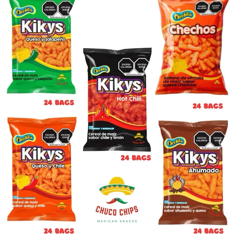 Kikys Chechitos Botaneros . Individual bags. Each bag comes with 24 individual bags. Choose from Chechos Cheddar flavor, Kikys Hot Chile, Kikys Queso Jalapeño , Kikys Cheddar, and Kikys Ahumados. Authentic Mexican snacks .