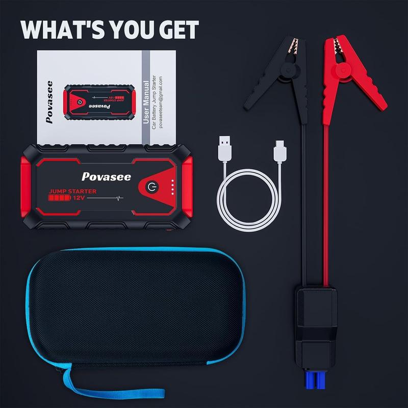 【Povasee】 5000A Portable Jump Starter 12V – Universal Car Battery Booster for Gas & Diesel Engines (Up to 10L/8L) with Built-in Power Bank & LED Light（2jump starter）