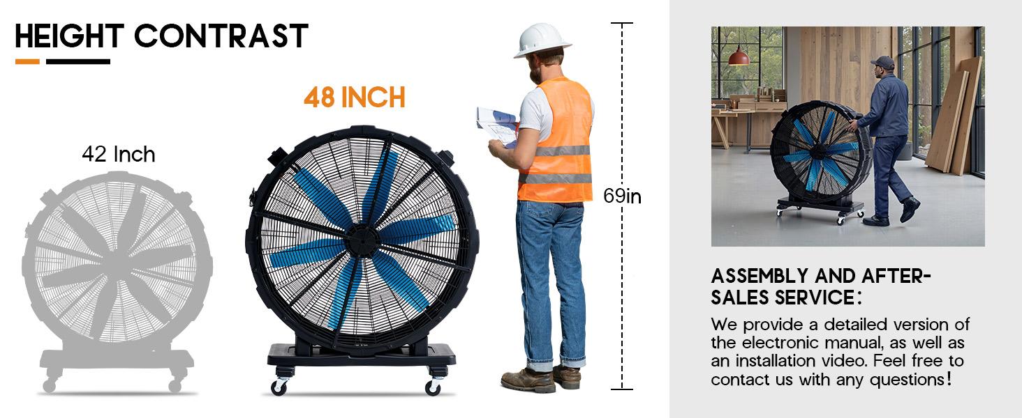[Ships in 2 Boxes] VanAcc Industrial Drum Fan,  42 inch 550W, 48 inch 750W Plastic High Velocity Floor Fan with Wheels and 3 Speed, Air Flow 12,950/17,660 CFM, Ideal for Commercial, Garage, Warehouse, Workshop, Factory
