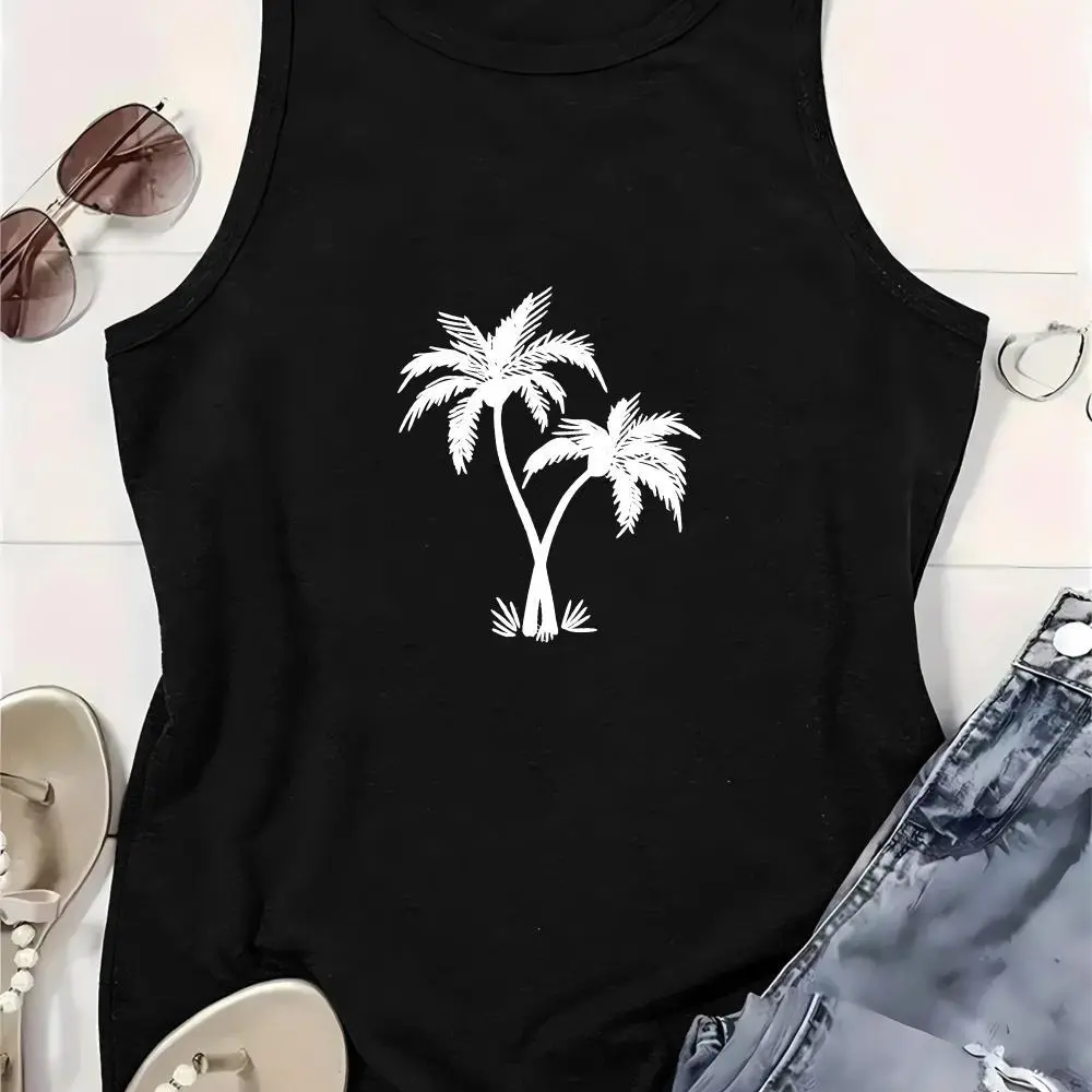 Palm Tree Summer Tank Top Rayon Polyester Spandex Blend, Women's Tropical Vacation Graphic Tank Top, Casual Beach Top