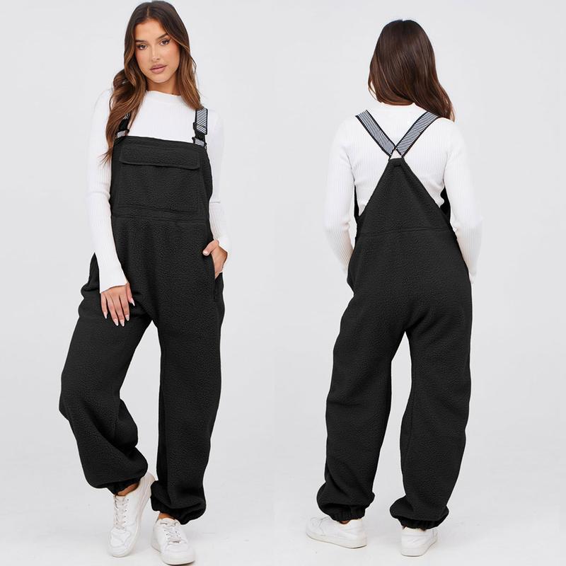 Buenoble Women's Fuzzy Fleece Overalls Winter Bib Pants Loose Fit Adjustable Strap Jumpsuit Warm Teddy Sherpa Romper Loungewear Streetwear