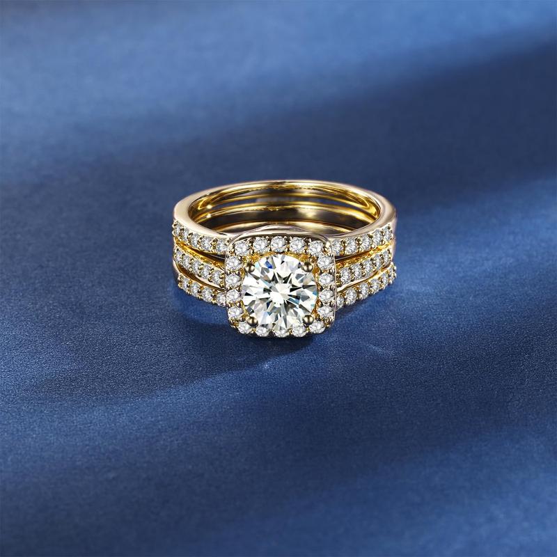 GEMSME 1.5 CT Round Cut Classic Three-in-One 3 Pieces Set Halo Wedding Engagement Promise Eternity Opal Ring for Women Mother Day Birthday Christmas Gift R-0969