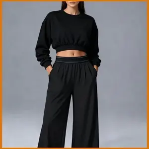 Vibe Outdoor Women's Fashion 2-Piece Set - Cropped Terry Cloth Sweatshirt & Quick-Dry Pants, Stylish Soft Stretch Outfit for Fall Winter