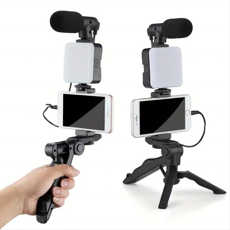 Portable foldable live streaming stand, portable tripod selfie stick with LED lights and microphone, Black phone holder, Selfie accessory