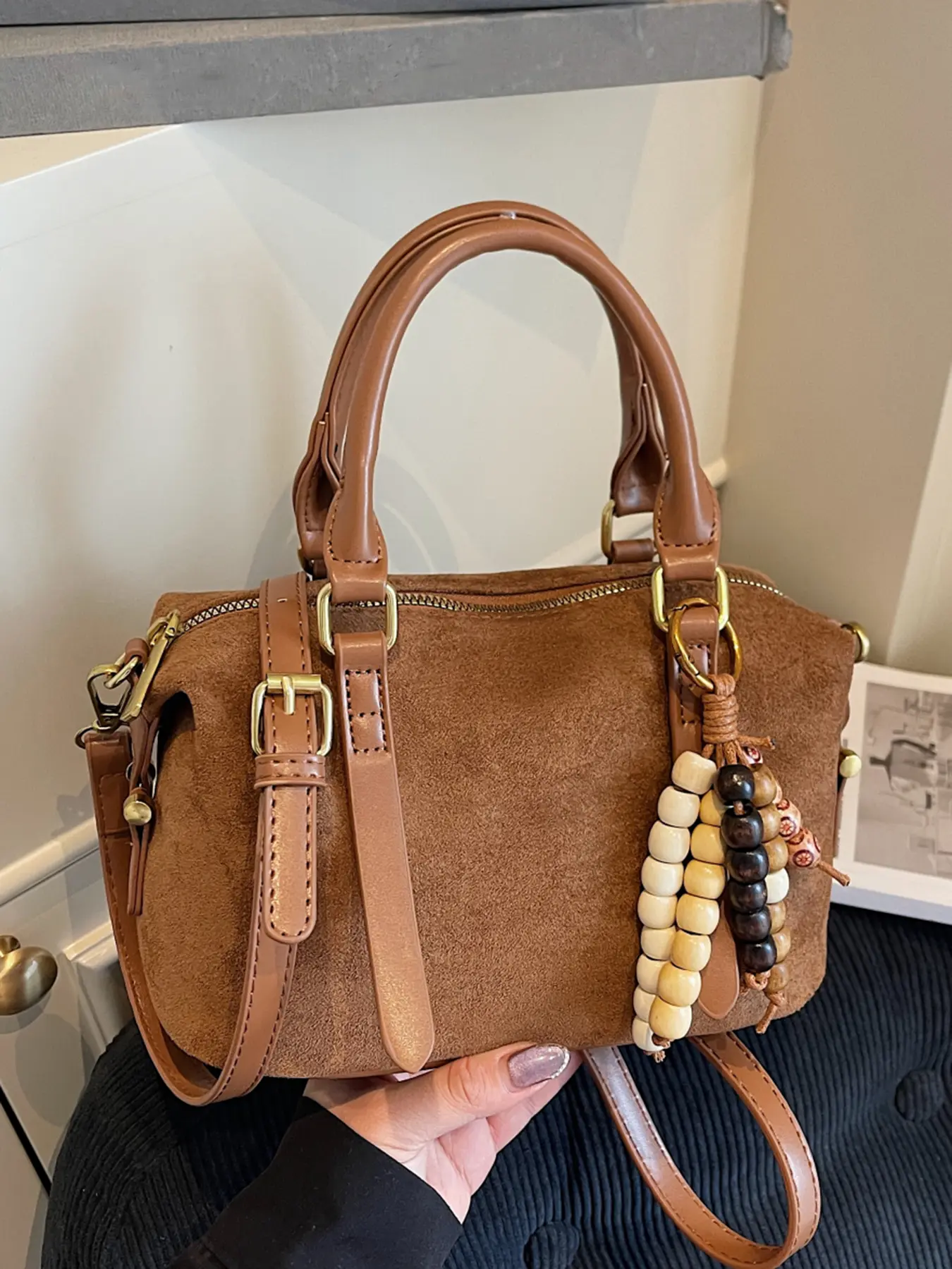 Retro and fashionable frosted bowling handbag, versatile handheld pillow bag, trendy textured shoulder crossbody bag, Fashionable bohemian bag, paired with pendants, suitable for dating, shopping, daily commuting, Chic Vintage Handbag