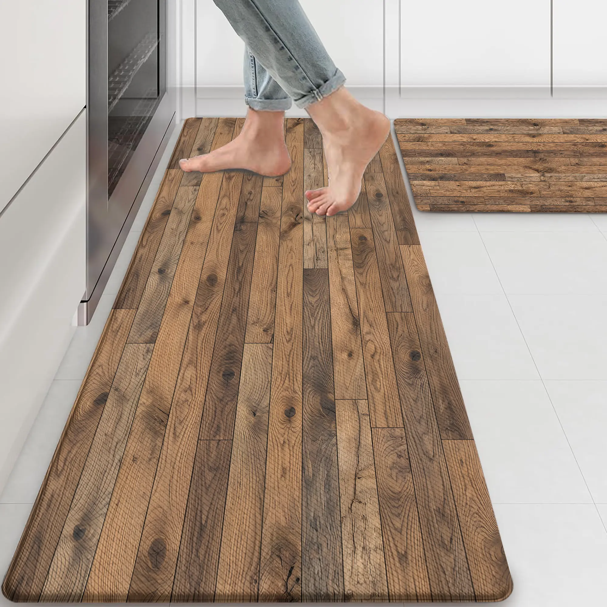Rustic Wood Grain Anti-Fatigue Memory Foam Kitchen Mat Set (2 Mats), Non-Slip Waterproof Cushioned Rugs & Runner for Sink Area, Laundry Room