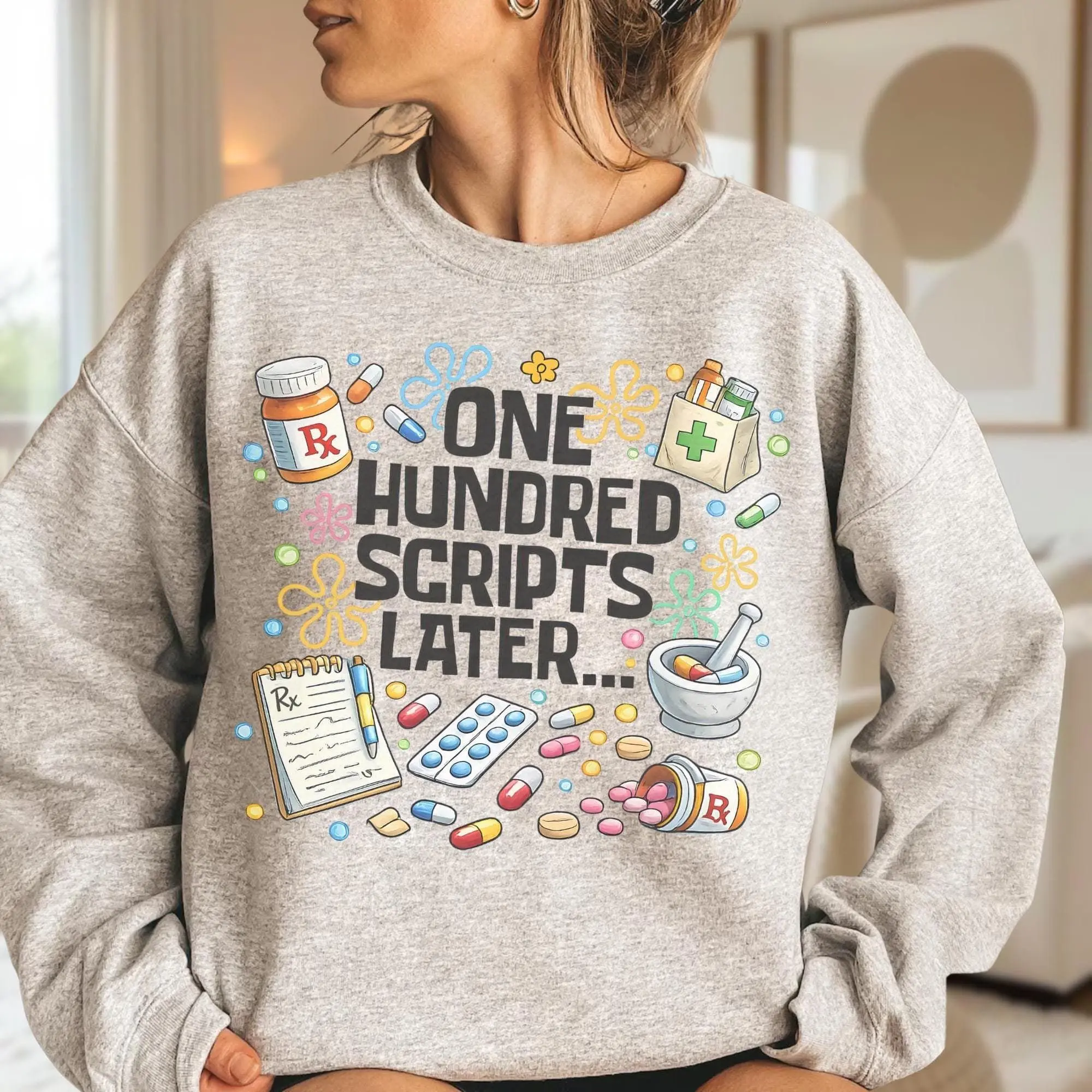 One Hundred Scripts Later Pharmacy T-Shirt, Sweatshirt & Hoodie - Pharmacist, Cute Medical Clipart