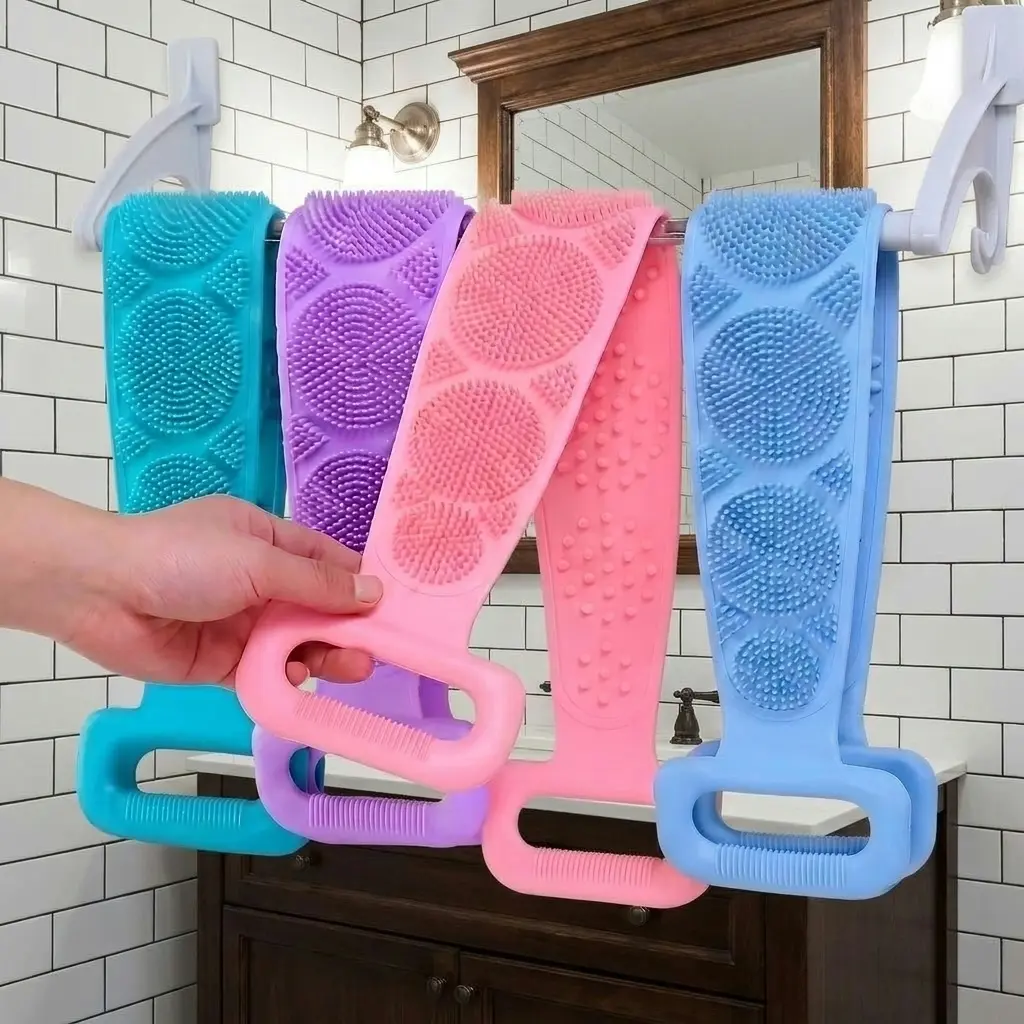 Double-Sided Silicone Body Scrubber for Shower, Unisex Flexible Strap Back Scrubber, Soft Exfoliating Bath Brush for Deep Skin Cleaning, Bathroom Home Supplies Accessories for All Skin Types
