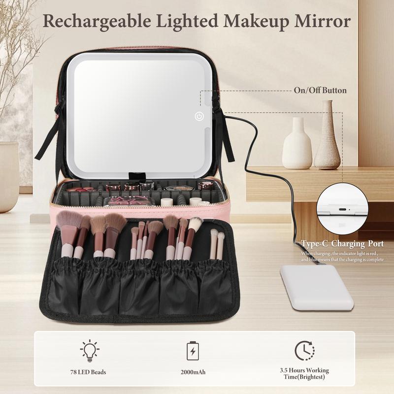 Behaesty Portable Makeup Bag with 3-Color LED Light Detachable Mirror 2000mAh USB Rechargeable Waterproof PU Leather Organizer Compact Travel Cosmetic Pouch Vanity Purse Zip TikTokShopBlackFriday Behaesty Portable Makeup Bag with 3-Color LED Light Detachable Mirror 2000mAh USB Rechargeable Waterproof PU Leather Organizer Compact Travel Cosmetic Pouch Vanity Purse Zip TikTokShopBlackFriday