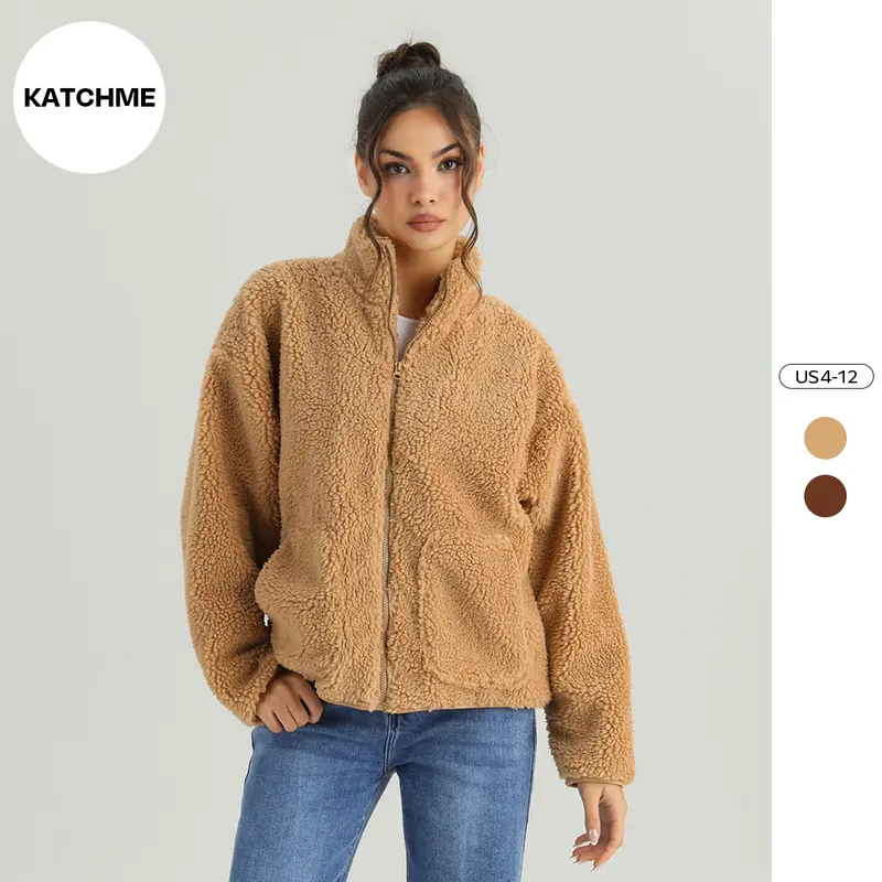 KatchMe Women's Cozy Mock Neck Side Pocket Zipper Fluffy Long Sleeve Outerwear, Versatile Faux Fur Fleece Coat for Fall & Winter, Comfort Solid Color Outfit（2）