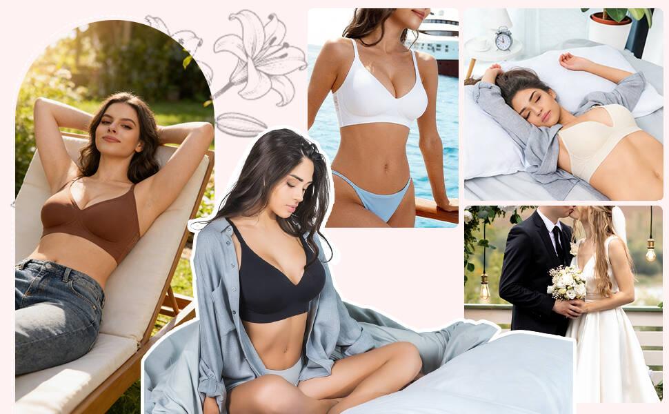 Lusait Women's Seamless Wireless Lace Bra Triangle Back Soft Jelly Bra Pullover Bra Seamless Wireless Lace Racerback Bralette Buttery Soft Comfort