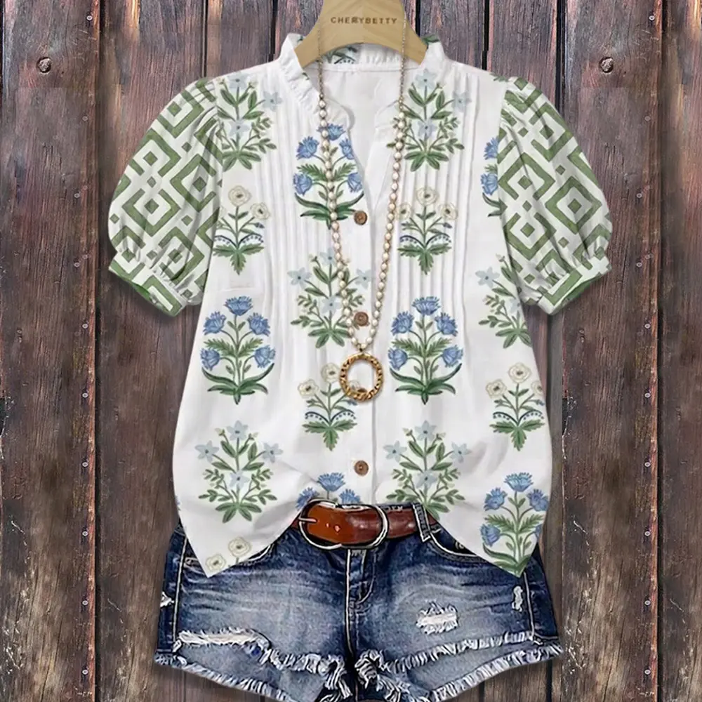 Cherrybetty 100% Cotton Mixed Floral Print Ruffle Neck Puff Sleeve Top Spring Fashion Tiktok Shop Spring Glow Up Summer Blouse Outfit Inspo Going Out Tops