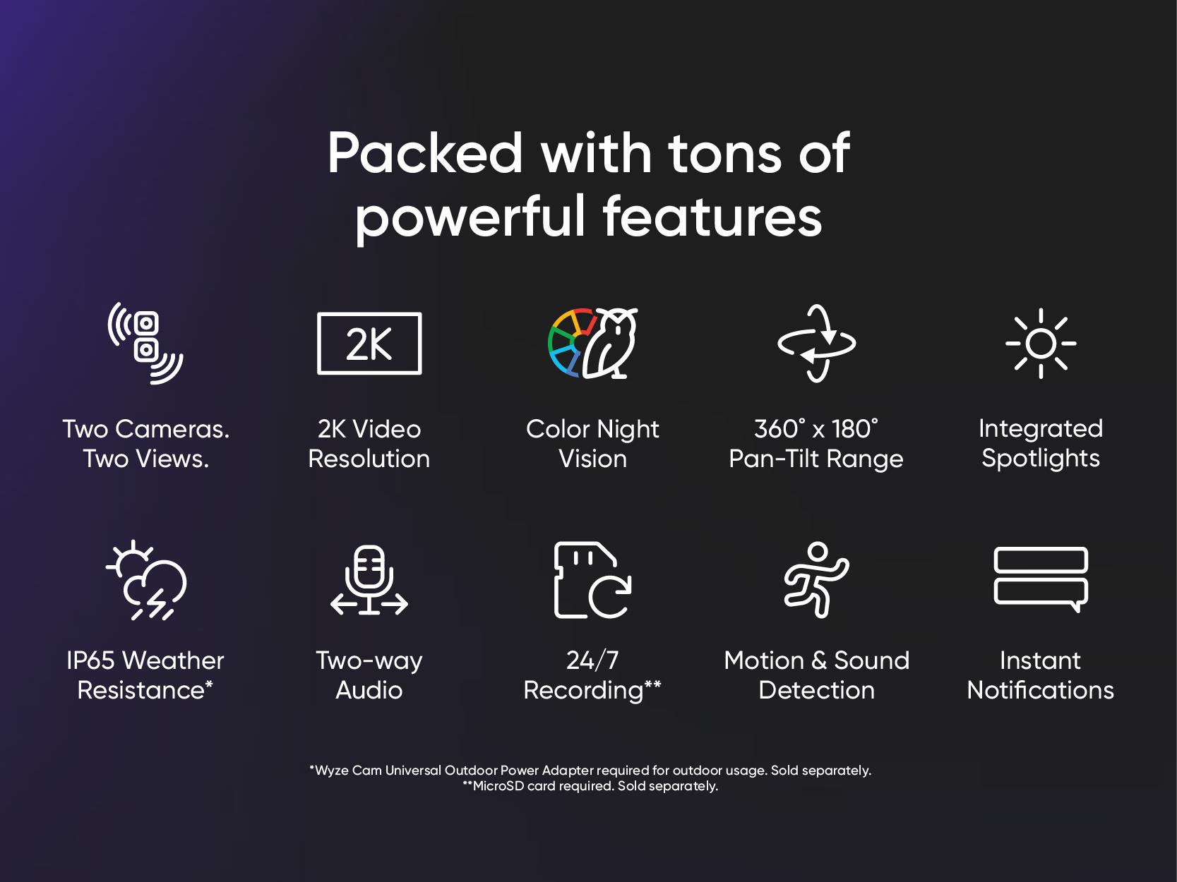 Wyze Duo Cam Pan — Wired 2K Dual Security Camera, Indoor/Outdoor, Pan Tilt Zoom (PTZ) w/ 360° Motion Tracking, Color Night Vision, 2 Camera Surveillance, Siren, Spotlight, 2-Way Audio, Works with Alexa & Google Assistant Wyze Duo Cam Pan — Wired 2K Dual Security Camera, Indoor/Outdoor, Pan Tilt Zoom (PTZ) w/ 360° Motion Tracking, Color Night Vision, 2 Camera Surveillance, Siren, Spotlight, 2-Way Audio, Works with Alexa & Google Assistant