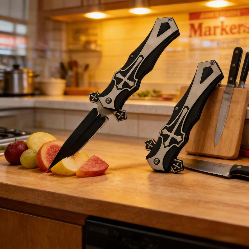 Cross Folding Knife / Black Pocket Knife / Everyday Carry Outdoor Knife