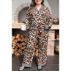 Khaki Plus Leopard Print Contrast Piping Striped Patchwork 2pcs Long Pajama Set