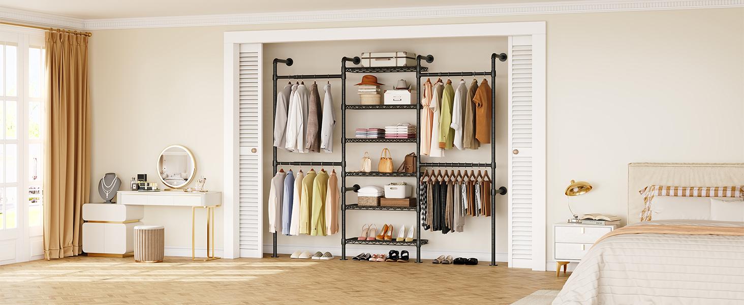 【SPOTLIGHT DAY】ONBRILL H3 Wall Mounted Closet System Expandable Industrial Pipe Clothes Rack with 4 Telescopic Rods & 6 Mesh Panels for Flexible Storage in Wardrobe