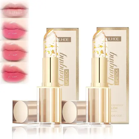 2-Count Temperature-Sensitive Color-Changing Gold Crystal pH Lipstick Cosmetic - 3.5g, Transferproof, Hydrating, Gentle, Blend Effect, Tinted Lippie Stick, Sensitive Safe, Alcohol Free, Natural Look, Gift-Ready Duo for Natural Makeup