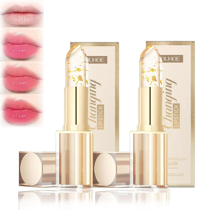 2-Count Temperature-Sensitive Color-Changing Gold Crystal pH Lipstick Cosmetic - 3.5g, Transferproof, Hydrating, Gentle, Blend Effect, Tinted Lippie Stick, Sensitive Safe, Alcohol Free, Natural Look, Gift-Ready Duo for Natural Makeup