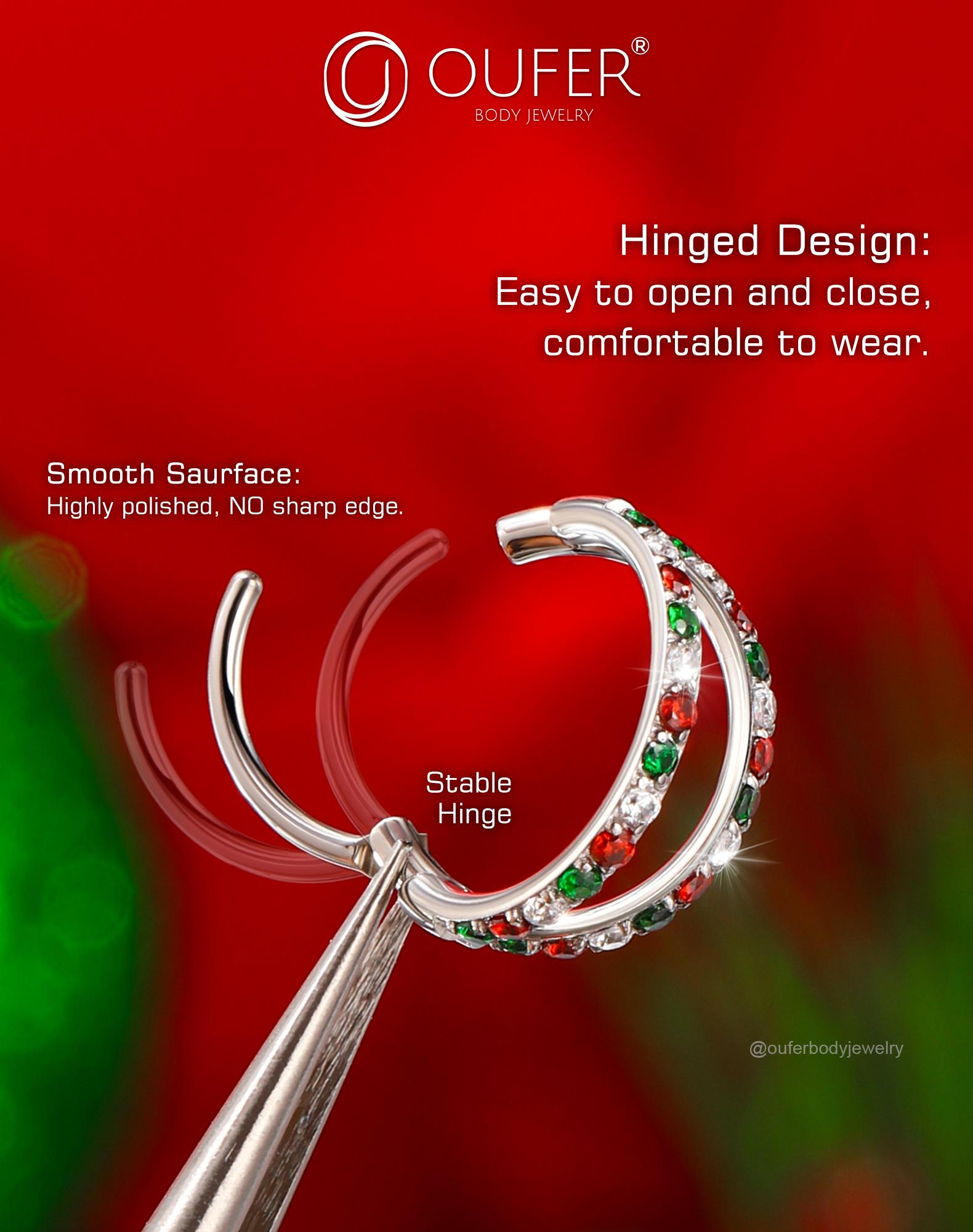 Oufer Halloween 20G AAA+ Grade CZ Hinged Double Row Nose Nostril Piercing Hoop Ring 316L Stainless Steel 5mm-12mm Inner Diameter for Conch Helix Lobe Tragus Cartilage Jewelry