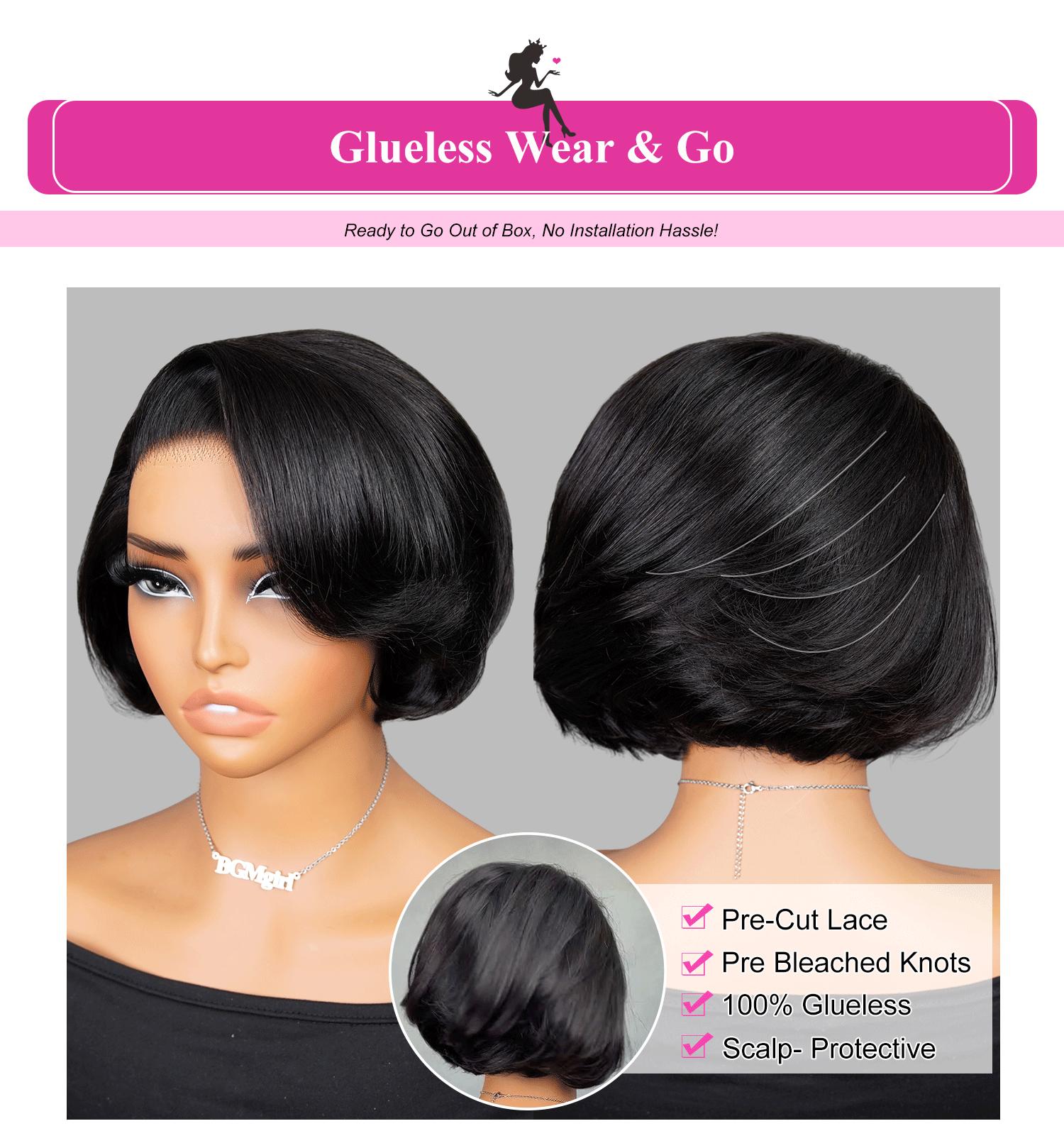 [New In] BGMgirl Blowout Short Bob Straight 7x5 Lace Wear Go Wig Pre-Bleached Tiny Knots Pre-Styled C Part Design Glueless Human Hair Wig Fashion Look eve valentines day gift