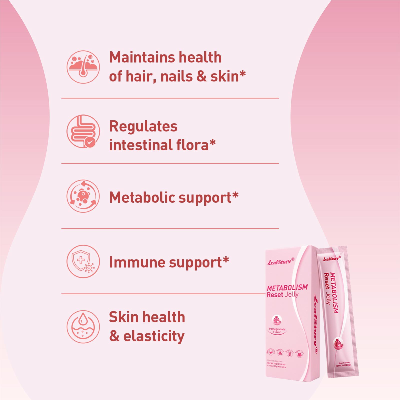 LeafStory Metabolism Reset Jelly (2 Sticks): Pomegranate Flavor, Support Metabolism & Energy, Support Digestion & Gut Health, Sugar-Free, Skin Elasticity, Hair & Nails, Gluten-Free, Non-GMO, Gelatin-Free