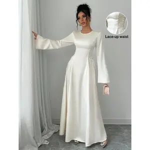 Elegant Apricot A-Line Cinched Waist Flare Sleeve Dress Maxi Satin Women Outfit