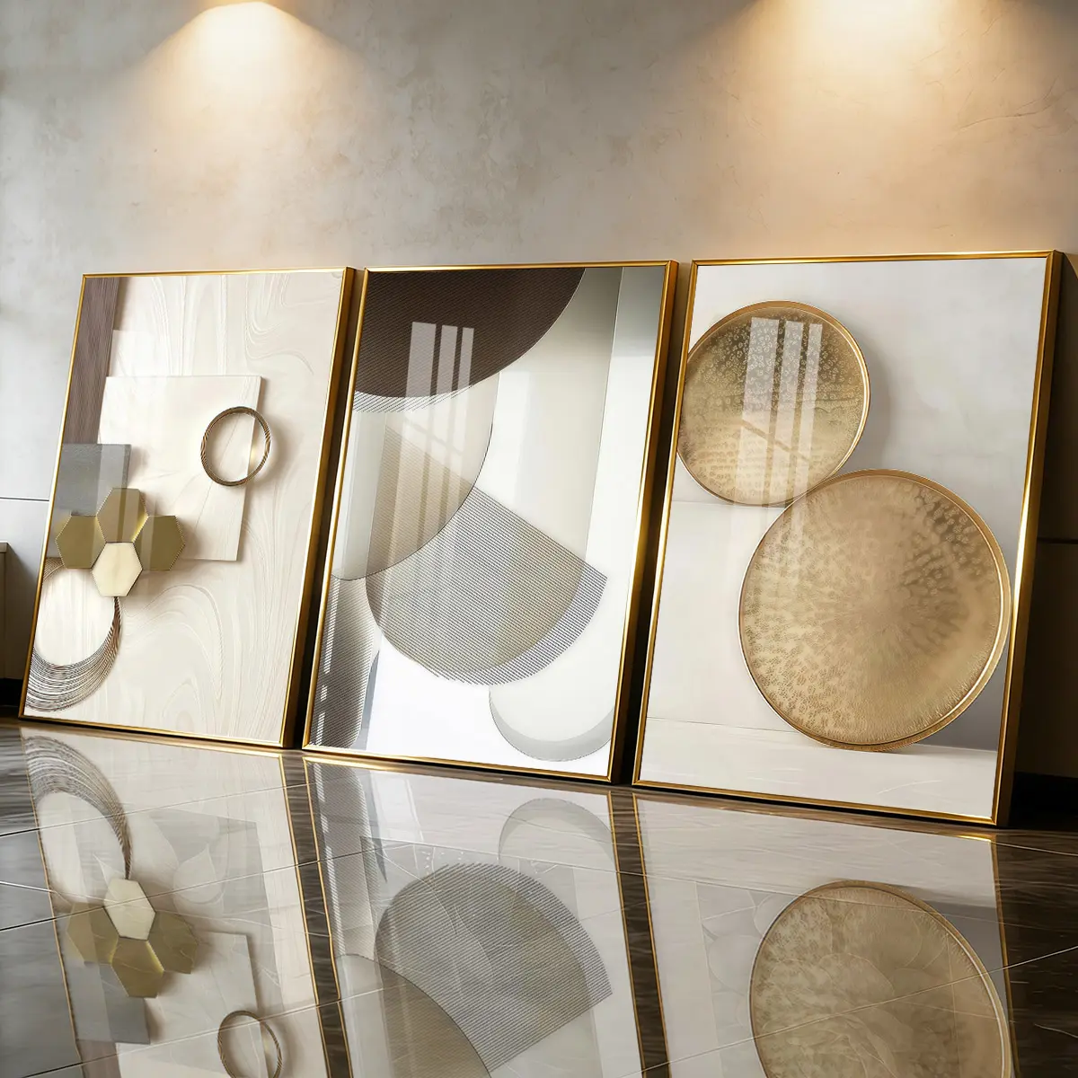 3 Count Aluminum Alloy Frame Canvas， Abstract Geometric Gold Wall Art， Modern Living Room Decoration， Light Luxury Family Art， Suitable For Bedroom， Corridor And Office Wall Decor， Gift