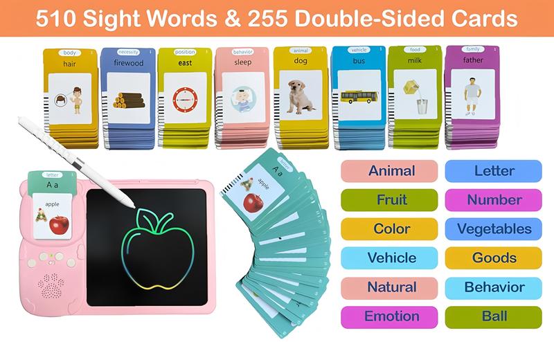 KIDGENIUS 3-in-1 LCD Writing Tablet with Quick Erase Button & 510 Vocabulary Flash Cards for English & Spanish Learning - Ideal Autism Therapy & Holiday Gift