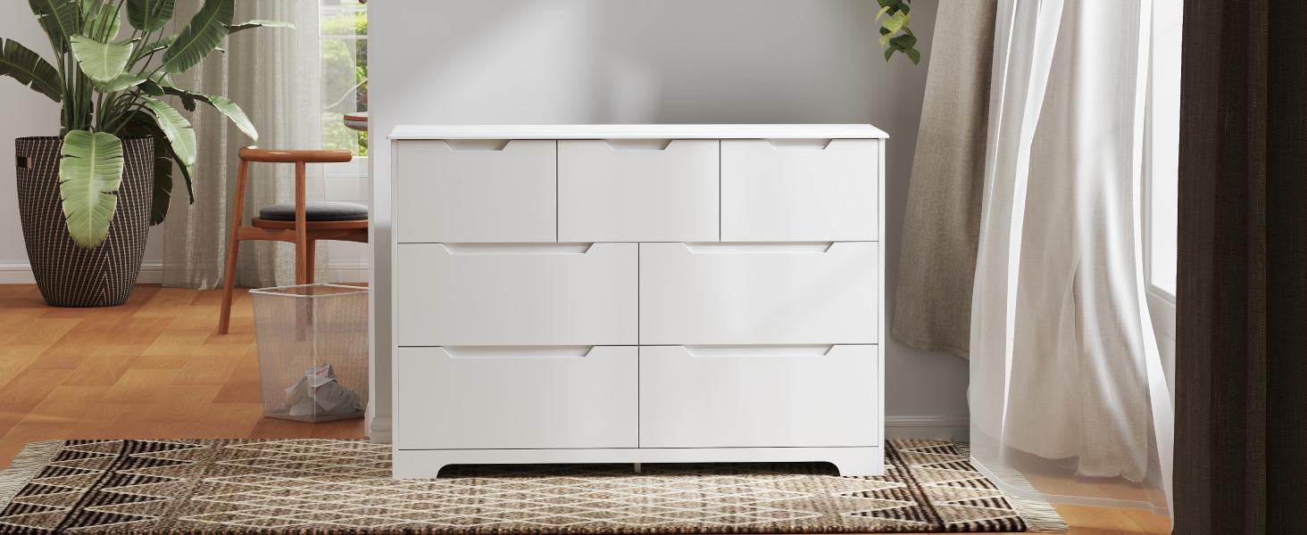 Gizoon 7 Drawer Dresser 48" Wide Wood Chest of Drawers for Bedroom White Modern Storage Organizer Handle Free Design Living Room Kids Room Bedroom Entryway Hallway Girl Apartment Furniture Space-Saving