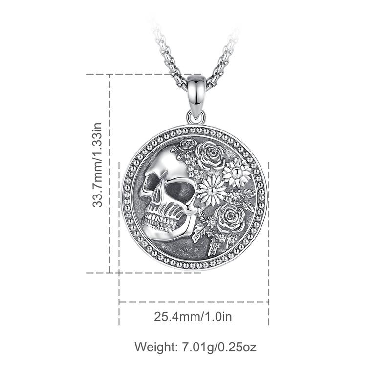 Eudora S925 Sliver Santa Muerte Necklace, Silver Grim Reaper Pendant, Mexican Saint Medallion,  Memento Mori Amulet, Protective Sigils Jewelry