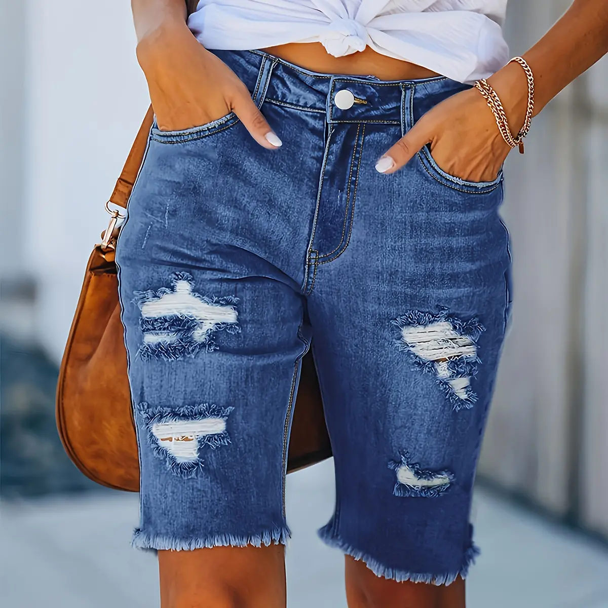 Women's High-Waist Ripped Denim Shorts - Skinny Fit, Knee-Length Bermuda Style, Suitable for Casual & Evening Wear