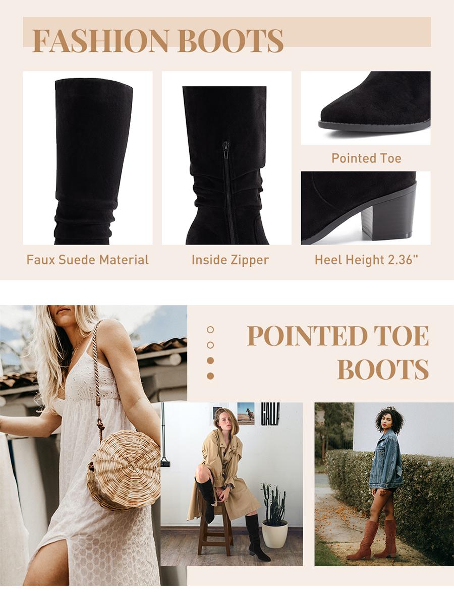 Athlefit Womens Knee High Chunky Heel Boots Faux Suede Pointed Toe Side Zipper Boots knee  high Comfortable Platform Ankle Girl