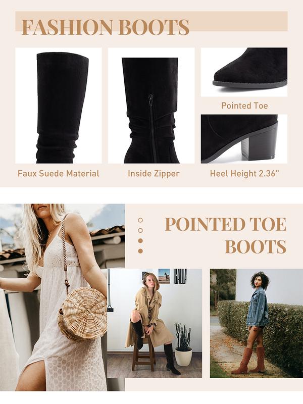 Athlefit Womens Knee High Chunky Heel Boots Faux Suede Pointed Toe Side Zipper Boots knee  high Comfortable Platform Ankle Girl