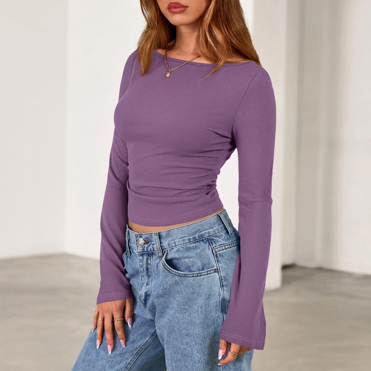 PrettyGarden Women's Long Sleeve Shirts 2025 Fall Crop Going Out Tops Casual Boat Neck Bell Sleeve Ribbed Ruched Y2K Clothes