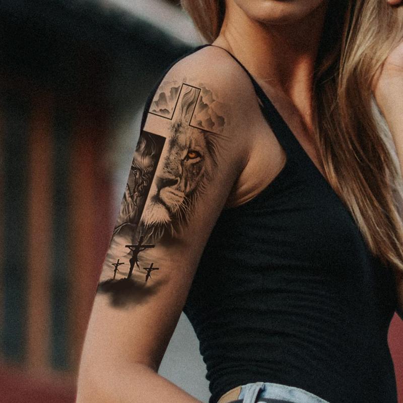 2 Sheets Waterproof Fake Forest Lion Jesus Cross Old School Arm Leg Temporary Tattoo