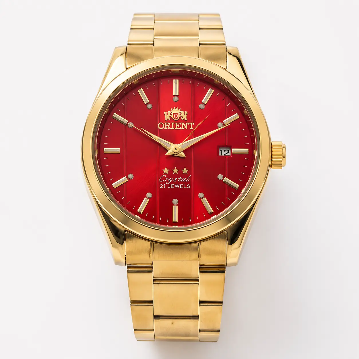 Men's "3 Star" Series Automatic Mechanical Watch - All-Gold Stainless Steel Bracelet, Vibrant Red Dial, Luminous Markers, Date Display, 21-Jewel Movement, Business-Casual Fashion Wristwatch