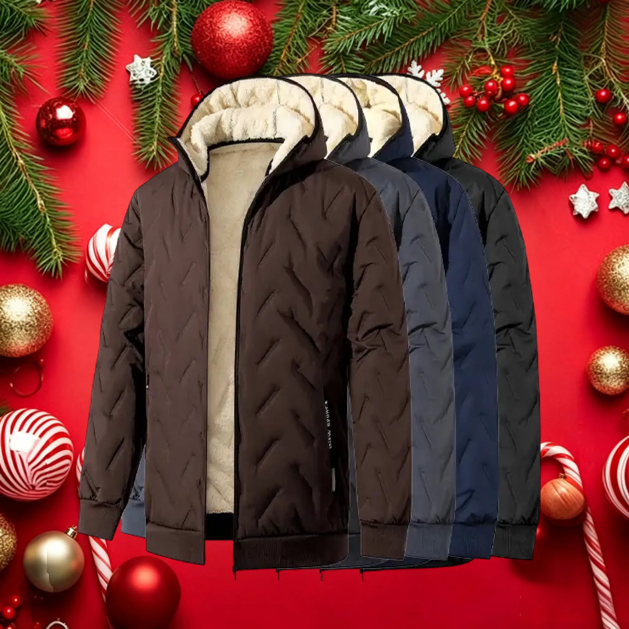 Men's Thick Ribbed Fleece-Lined Quilted Stitch Hooded Long Sleeve Polyester Winter Down Jacket - Insulated Zip-Up Stylish Plain Top, Lightweight Minimalist Design, Casual Fabric, Layering Support for Cold Outdoor Use