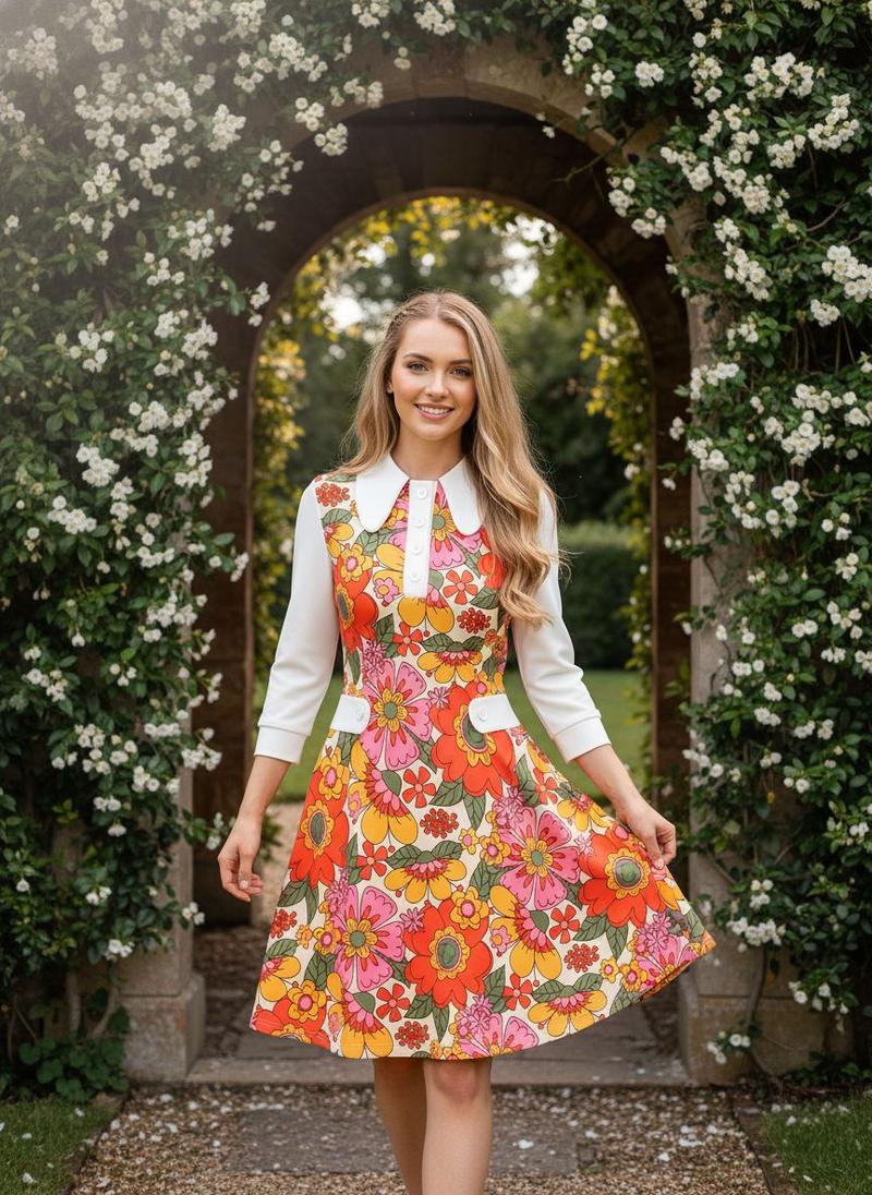 Orange 1960s Lapel Flowers Patchwork Dress Casual Boho Style Spring Holiday Floral Womenswear Holiday