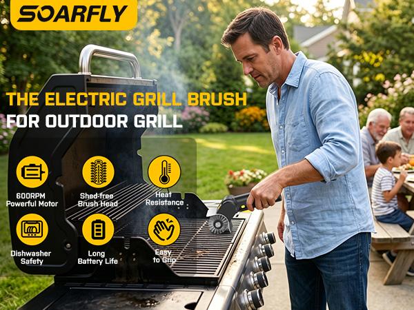 SOARFLY Multi-Purpose Electric Brush, Rechargeable High-Torque Metal Spin Scrubber with 2 Food-Grade Stainless Steel Heads, Compact BBQ Grill & Garden Tool Cleaner for Tight Corners, Patios and Garage Spot Cleaning, Barbecue Cleaning Brush toolupgrade