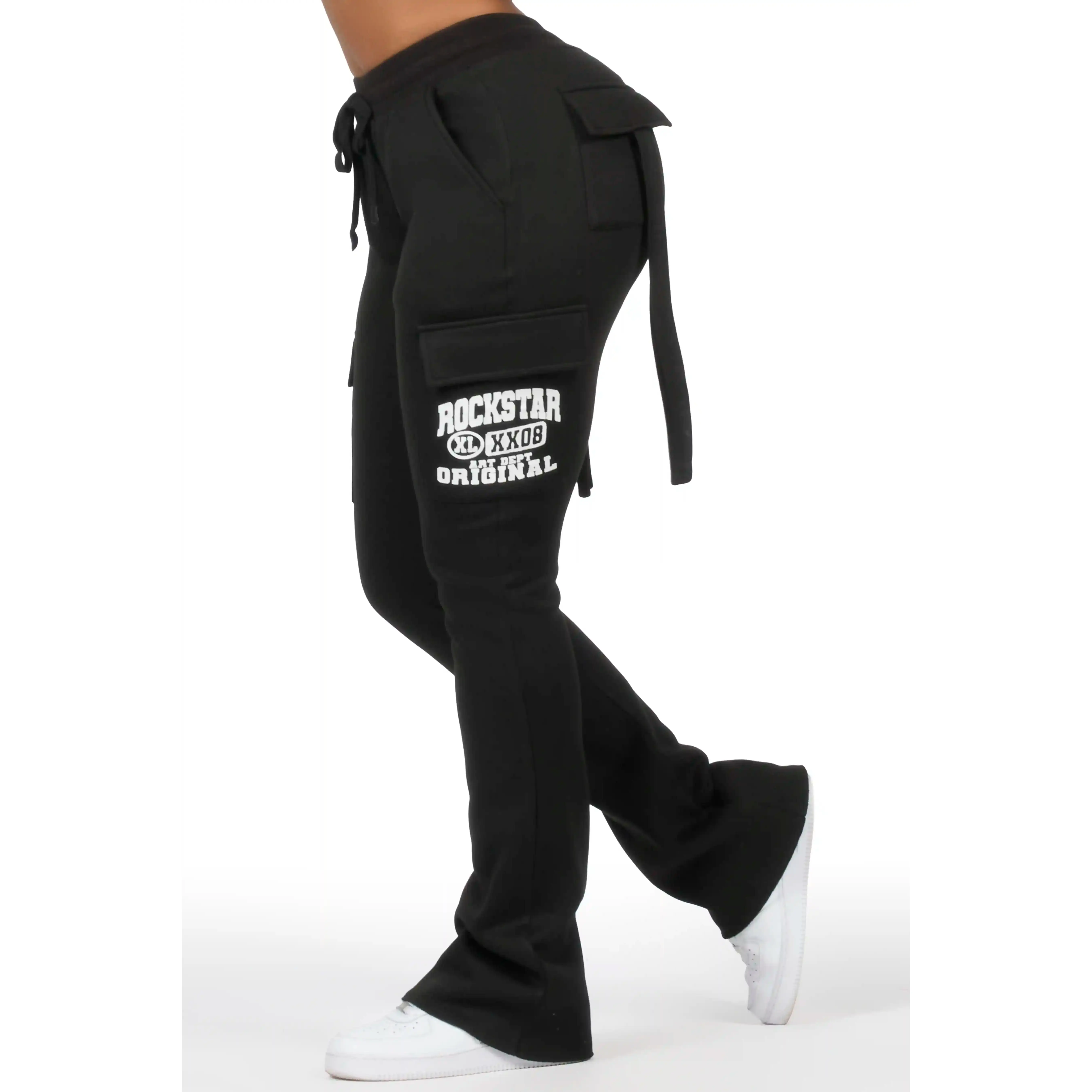 Elandira Black Cargo Stacked Track Pant
