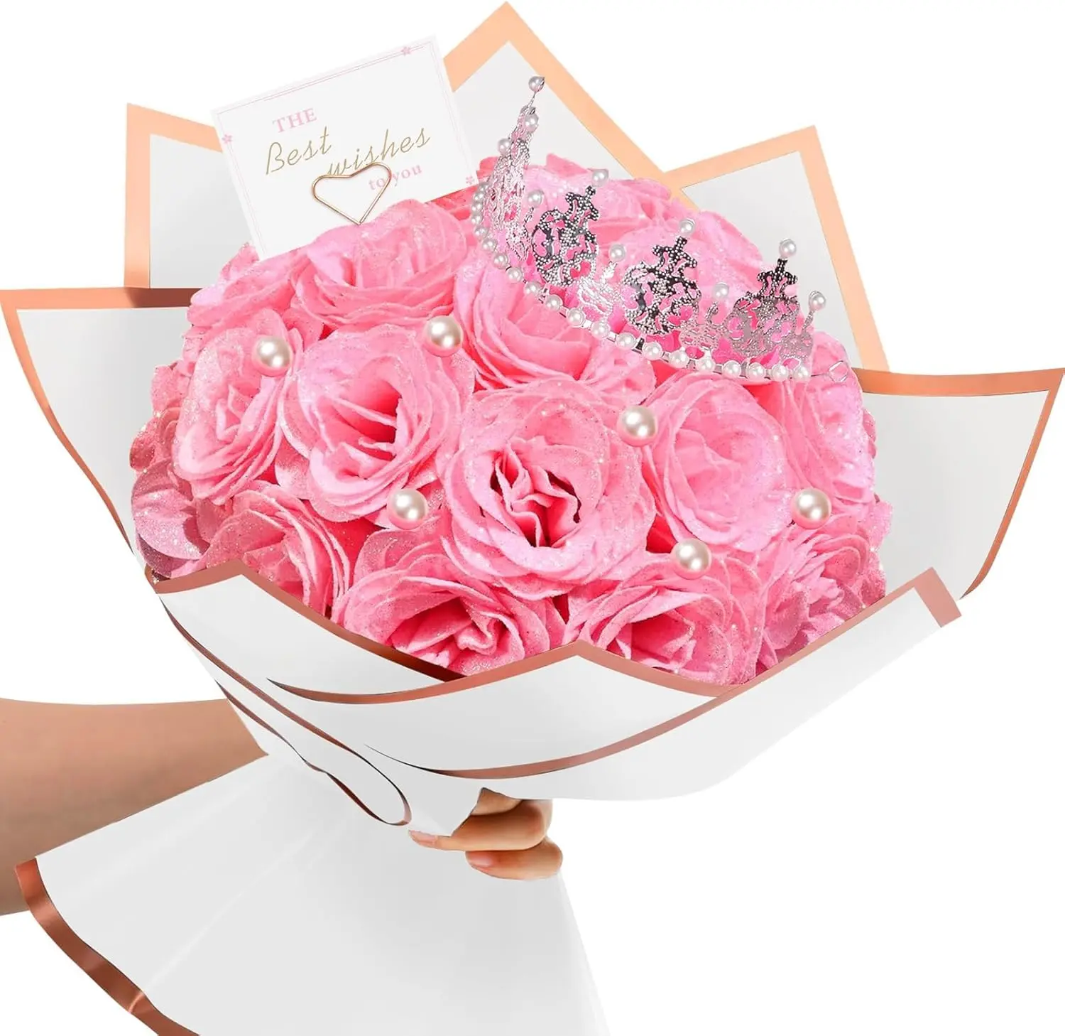 Pink Pearl Metallic Glitter Plastic Roses Bouquet - 24-Piece Bouquet-Shaped Artificial Flowers, Decoration for Home, Women’s Birthday & Mother’s Day Gifts, Roses Artificial Flowers