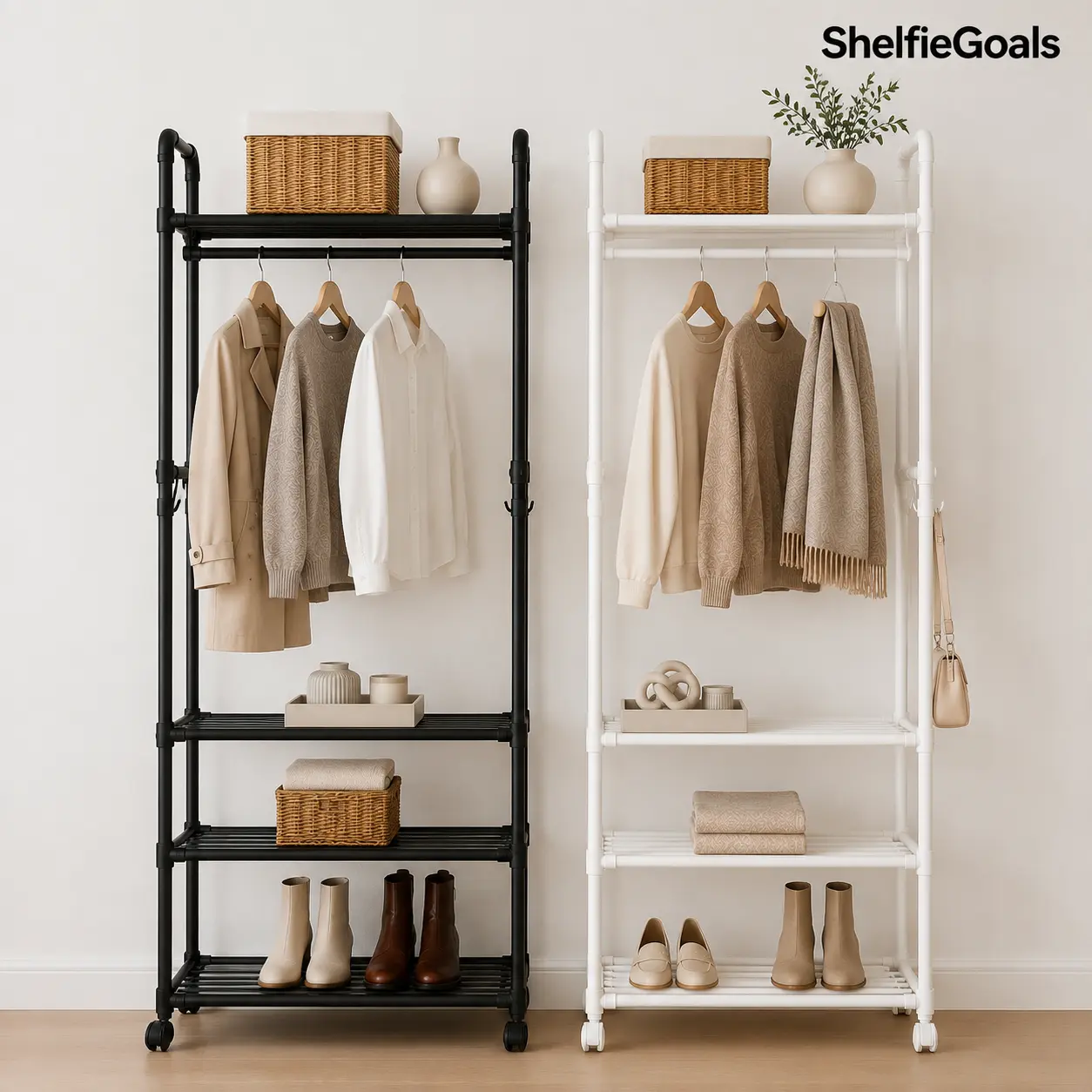 4-in-1 Freestanding Clothing Rack with Shelves and Hooks, Heavy-Duty Portable Garment Organizer for Bedroom, Entryway Storage