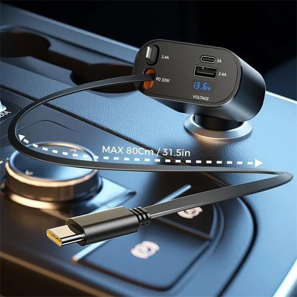 4-in-1 Retractable Fast Car Charger with Voltage Monitor Dual USB Ports for iPhone & Type-C PD QC3.0 AFC MTK FCP Compatible with 12V-24V Cars