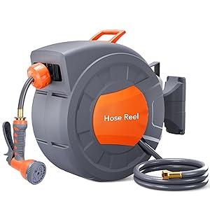 GARVEE Garden Hose Reel, 1/2 in x 100 ft Wall Mounted Retractable Water Hose Reel with 9 Function Sprayer Nozzle, Any Length Lock, 180° Swivel Bracket, Automatic Rewind and Slow Return System GARVEE Garden Hose Reel, 1/2 in x 100 ft Wall Mounted Retractable Water Hose Reel with 9 Function Sprayer Nozzle, Any Length Lock, 180° Swivel Bracket, Automatic Rewind and Slow Return System