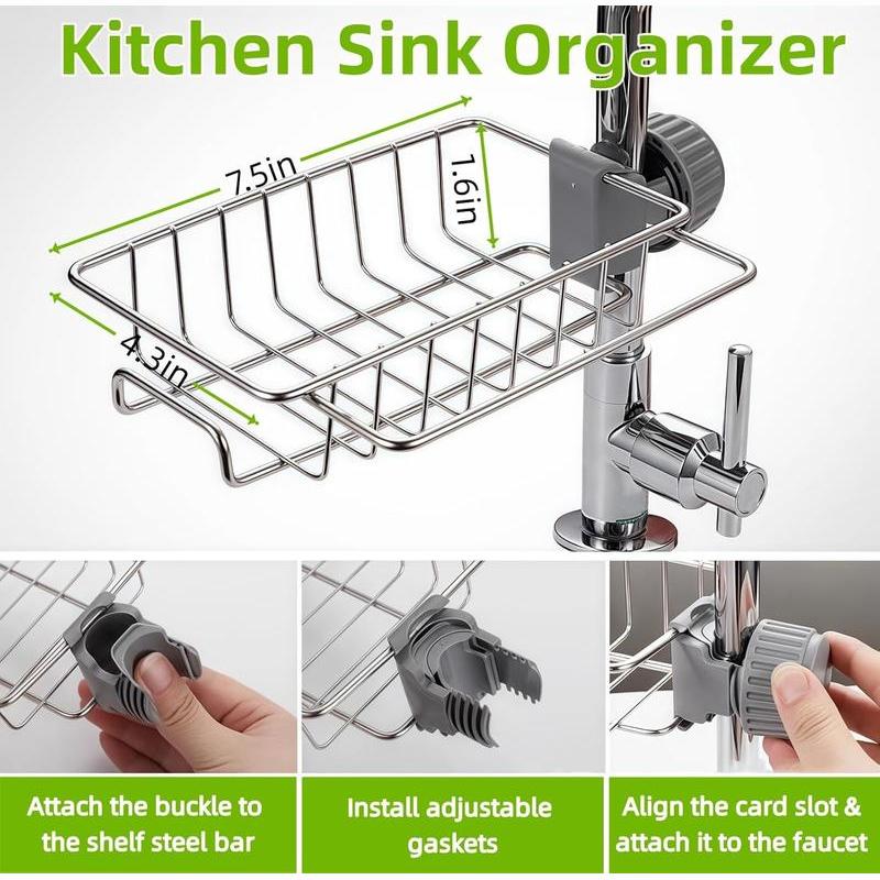 Stainless Steel Sponge Holder for Kitchen Sink – Silver Sink Organizer & Drying Rack for Sponges and Bottles