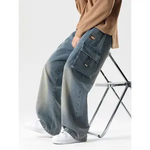 2025 Autumn New Men's Cargo Jeans Big Size 8XL 7XL 6XL String Banding Cotton Wide Leg Denim Pants Straight Baggy Jean Trousers Elastic Menswear