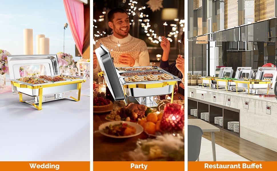 ROVSUN Gold Chafing Dishes for Buffet, 9QT Chafing Dish Buffet Set with Glass Lid, Stainless Steel Buffet Servers and Warmers with Folding Frame & 3 1/3 Size Pan for Parties Weddings Catering Events