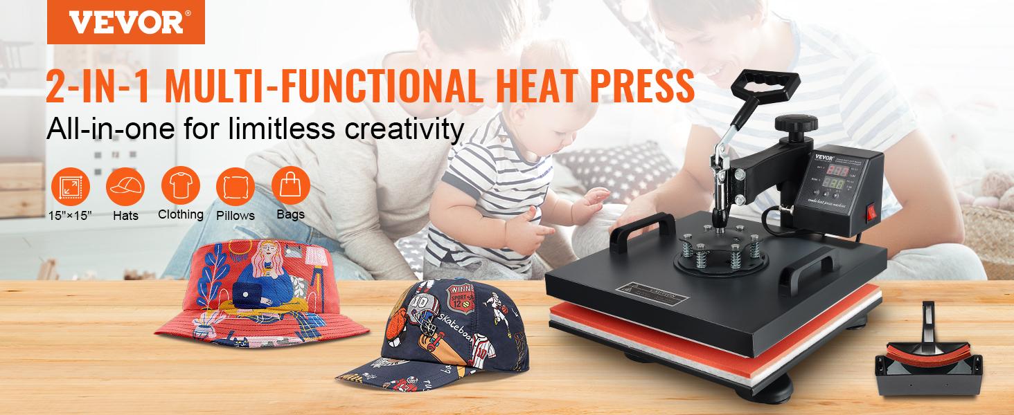 VEVOR Heat Press Machine,  15 x 15 inch, 2 in 1 Heat Transfer Machine with Hat Press, 360° Swing Away T-Shirt Pressing Machine, Digital Precise Control, Fast Even Heating for T-Shirts/Hats/Caps, Black